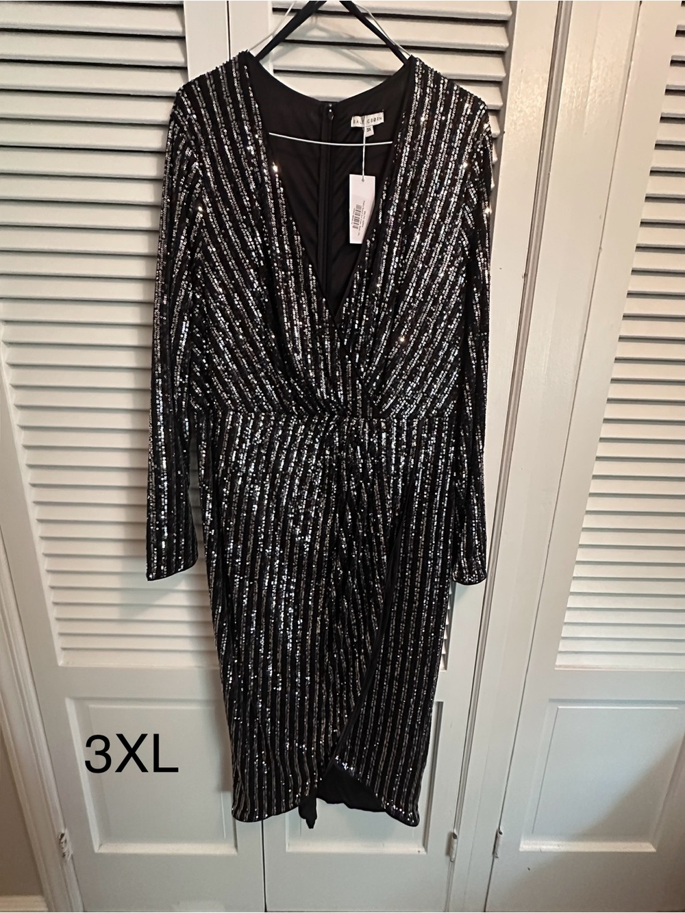 Baltic Born Black Sequin Wrap Dress with Silver Stripes
